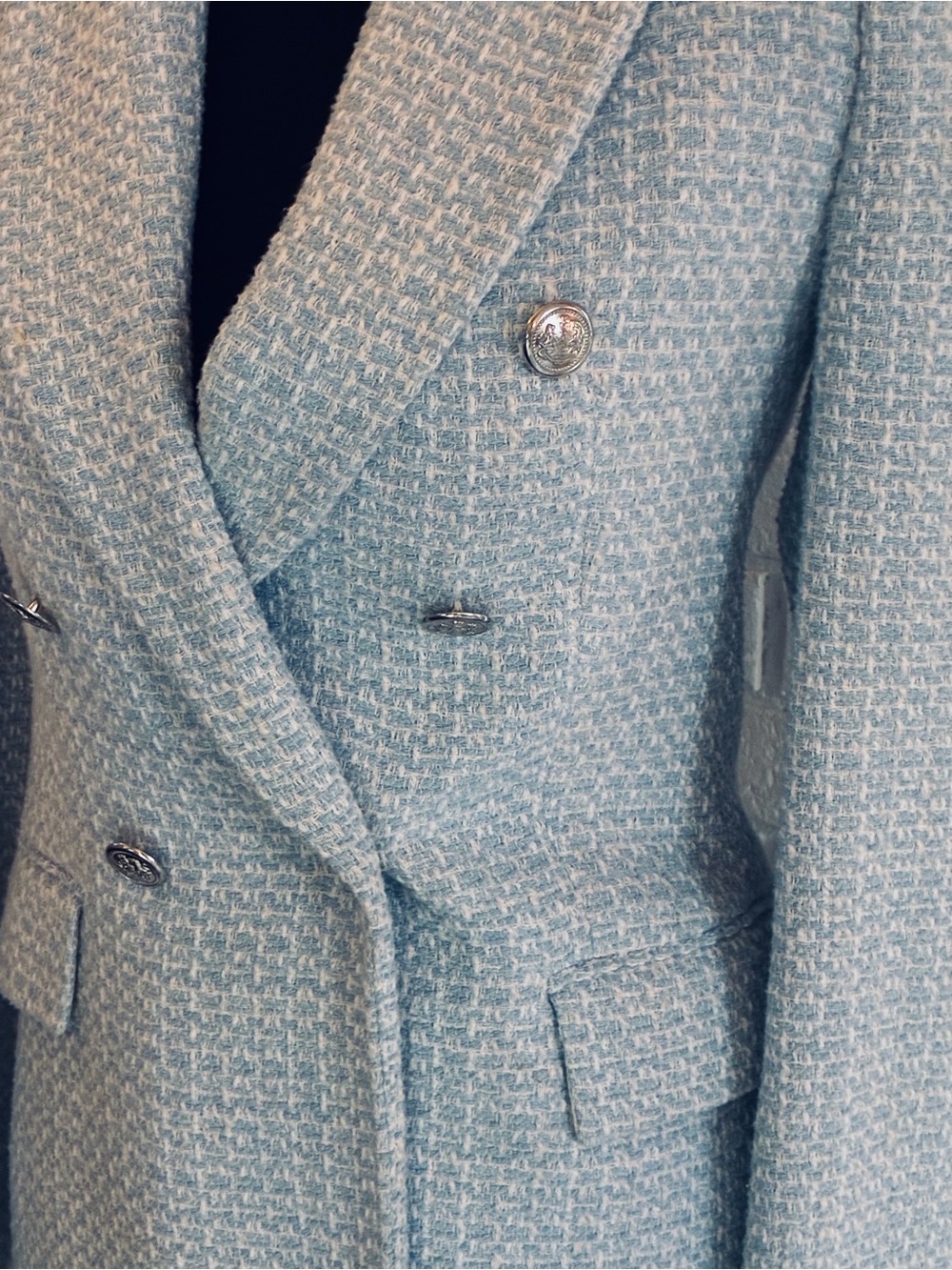 💙 ZARA Double-Breasted Tweed Blazer Jacket - Light Blue EUC XS - Picture 6 of 11